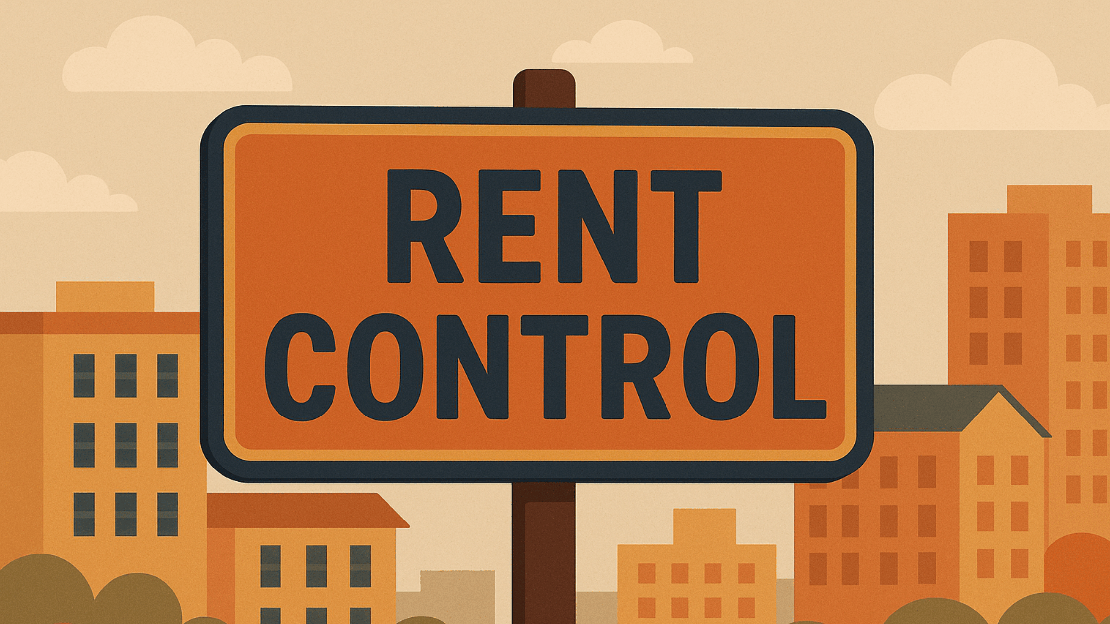 Illustration of a bold "RENT CONTROL" sign in front of a stylized residential cityscape
