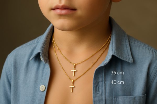 Berniukas dėvi tris skirtingo ilgio auksines grandinėles su kryželio pakabukais, kabančiais ant odos. Šalia nurodyti ilgiai – 35 cm, 40 cm. Matomas prasegtas mėlynas marškinių fragmentas