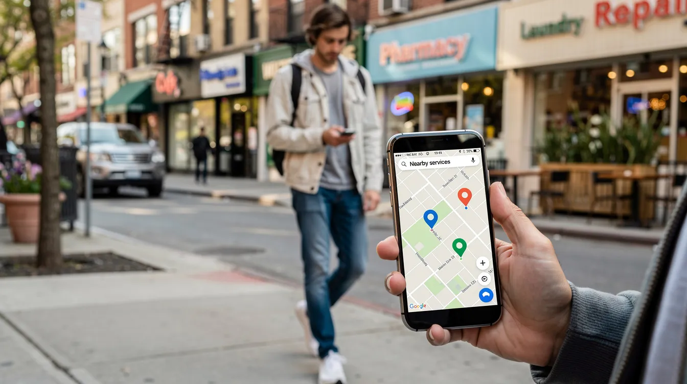A person is walking on a sidewalk, focused on their smartphone as they search for nearby services in Gainesville. This scene highlights the importance of local SEO and digital marketing for businesses aiming to improve their online visibility and attract potential customers.