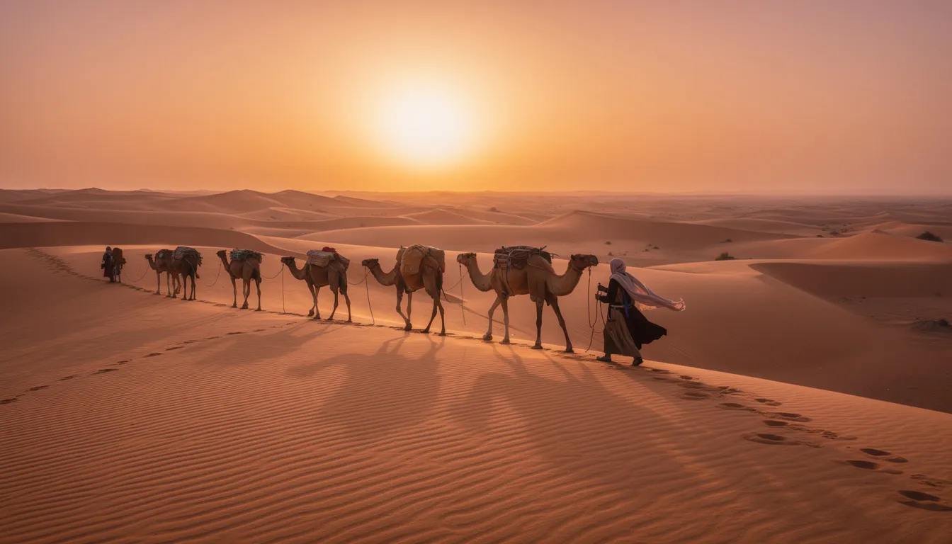 A camel caravan of travelers is crossing the golden sand dunes of the Sahara Desert at sunset, casting long shadows as the sun dips below the horizon. This incredible experience showcases the beauty of riding camels through the vast dunes, creating a breathtaking scene filled with adventure and the magic of Morocco.