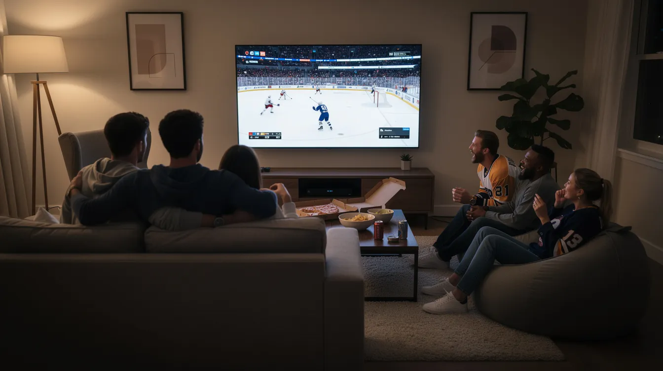 A group of friends is gathered in a cozy living room, intently watching a hockey game on a large wall-mounted smart TV. The atmosphere is casual and lively, showcasing the excitement of live sports as they enjoy their time together.