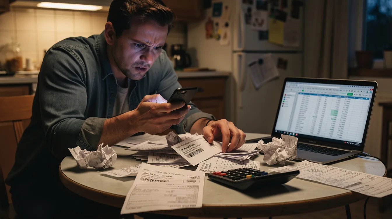 A person is urgently checking their smartphone while sitting at a kitchen table cluttered with bills, reflecting a moment of financial stress. The scene suggests a need for immediate assistance, possibly related to a loan application or urgent cash flow management.