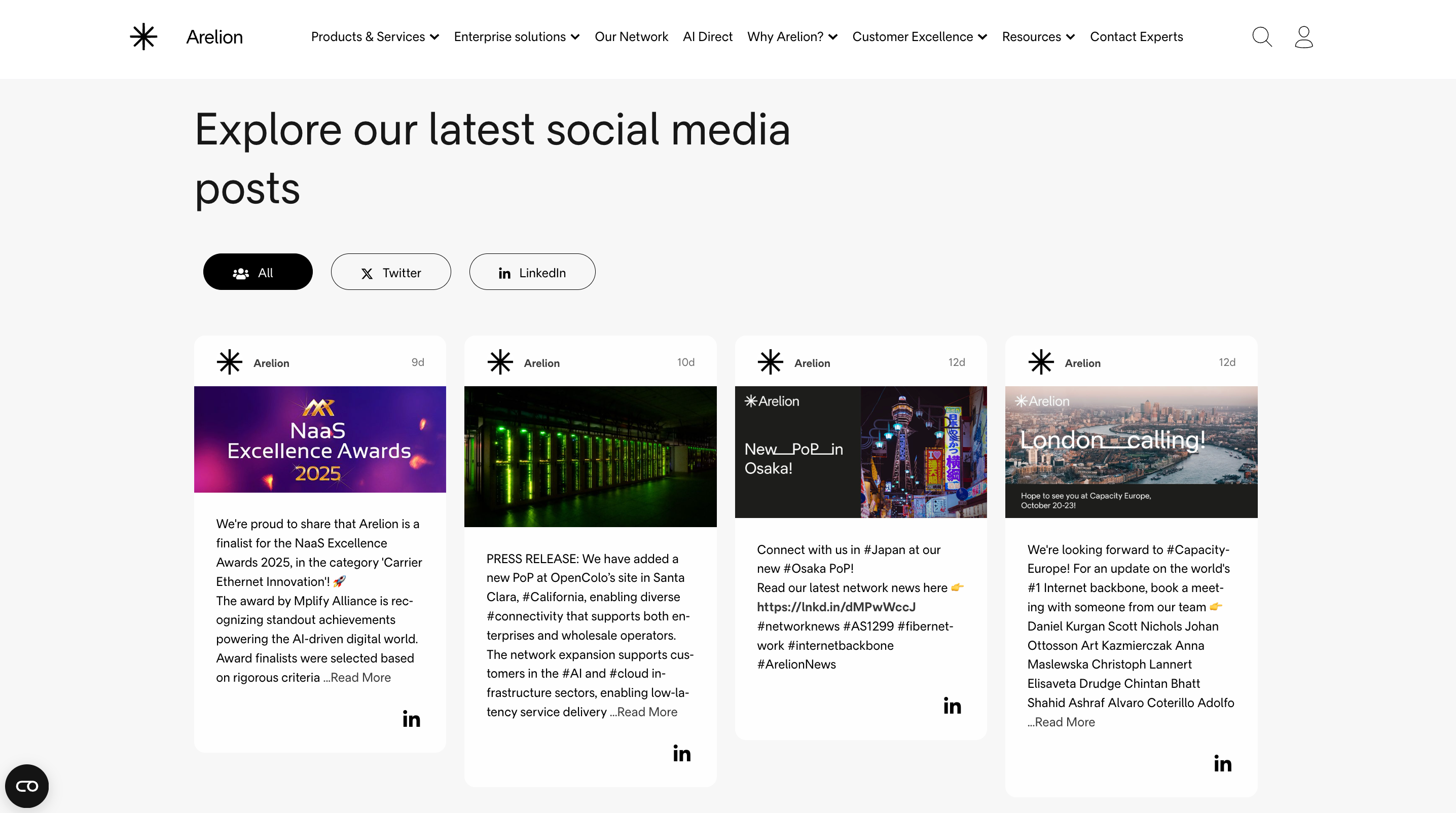 Arelion's LinkedIn feed embedded using Juicer.io