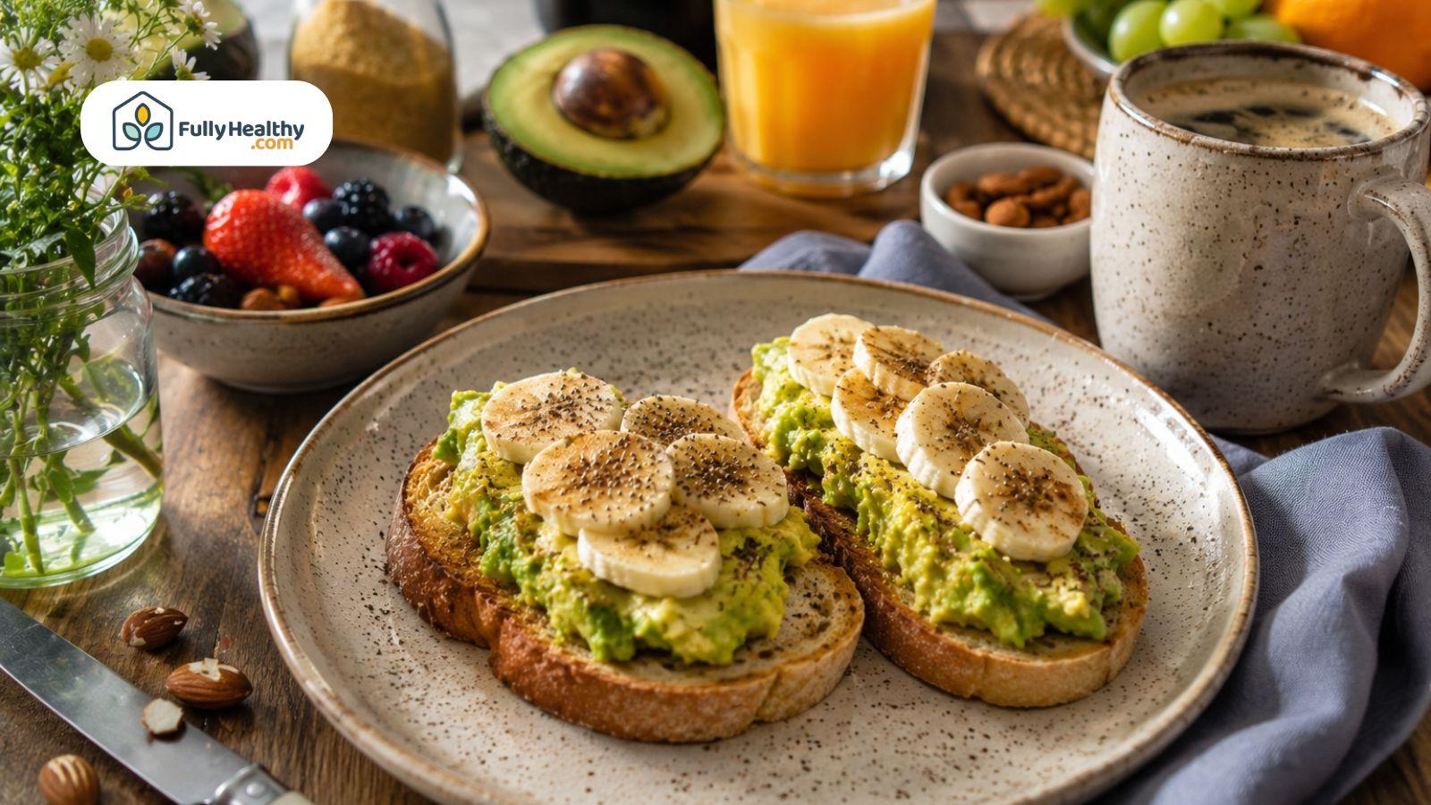 Banana and avocado toast breakfast with cozy morning coffee.