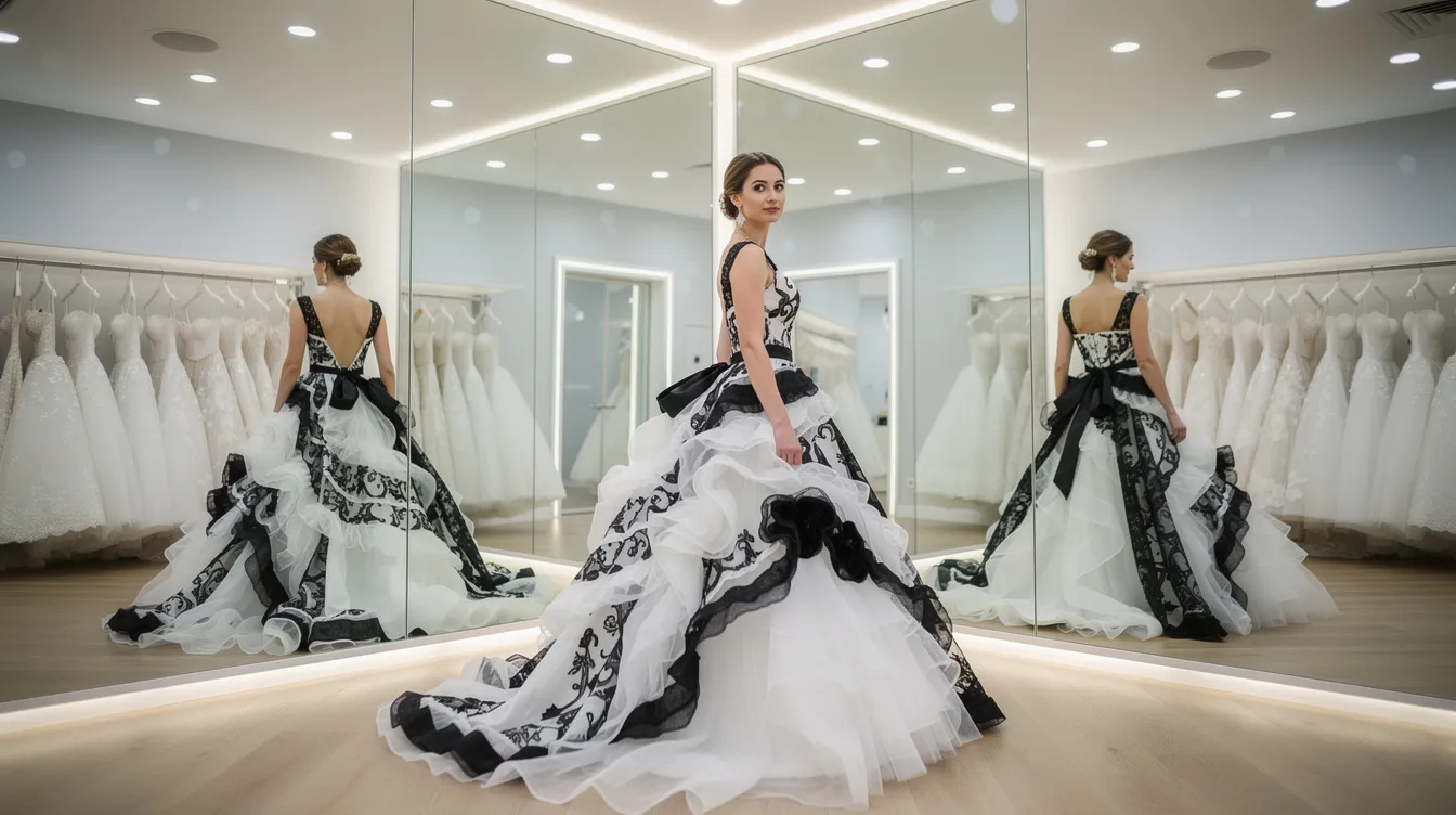 A bride is trying on a striking black and white ball gown in a well-lit bridal boutique, surrounded by large mirrors that reflect the dramatic lace details and elegant silhouette of the dress. The bright atmosphere highlights her excitement as she explores this unique combination of traditional and modern wedding styles.