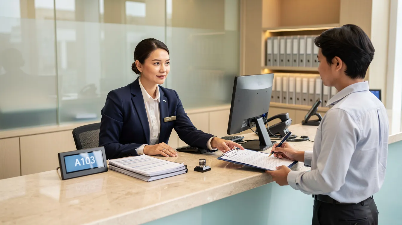 The image depicts a professional bank counter where a clerk is assisting a customer with paperwork, likely related to services offered by the Saraswat Cooperative Bank, such as fixed deposits or bill payments. The setting emphasizes the cooperative bank's commitment to customer service in India, particularly at its branches in Mumbai and Maharashtra.