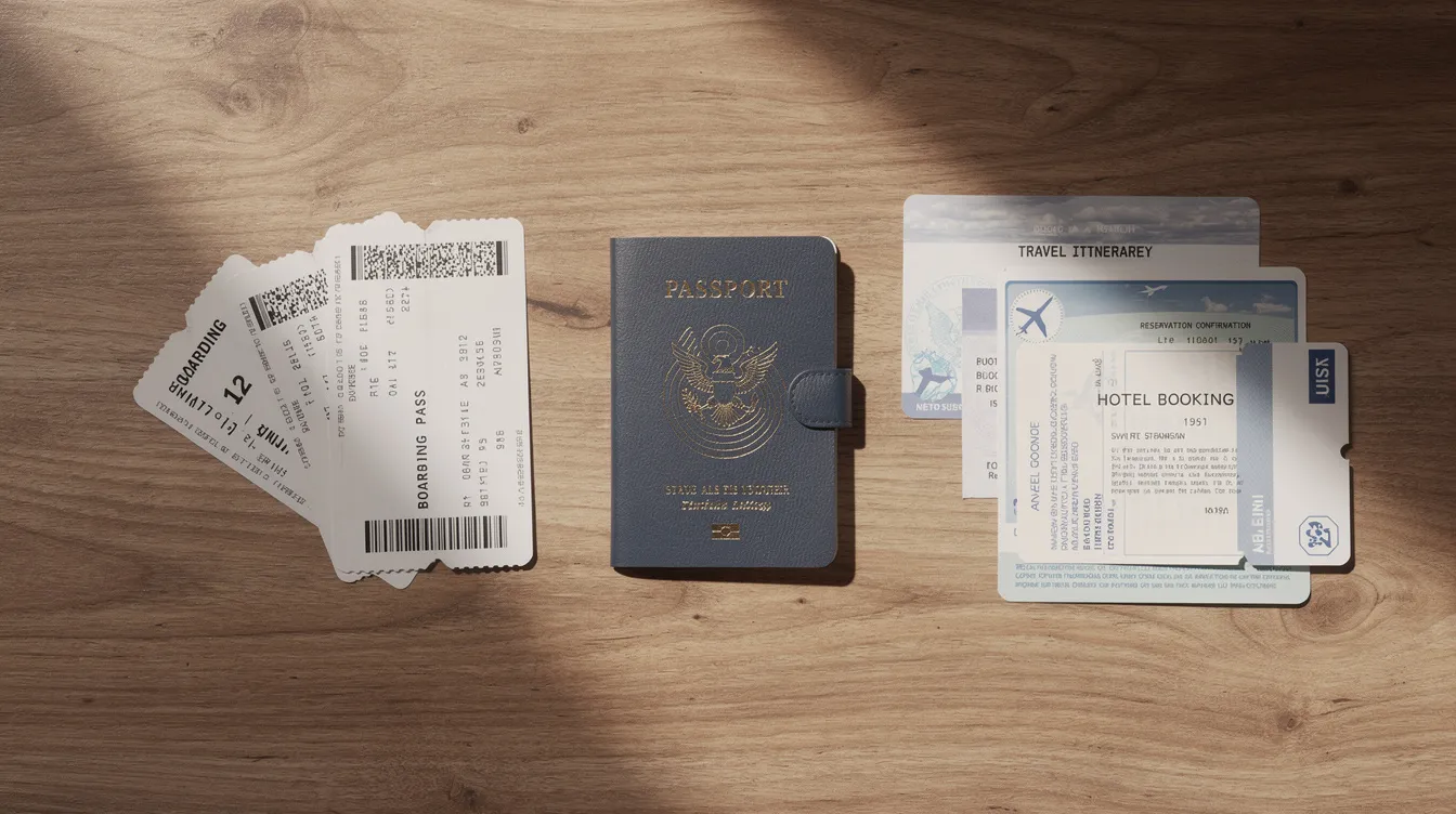The image shows a passport, boarding passes, and various travel documents organized neatly on a wooden desk, suggesting preparation for a trip to Ireland. These items are essential for meeting the visa requirements for visiting Ireland, including valid passports and travel itineraries.