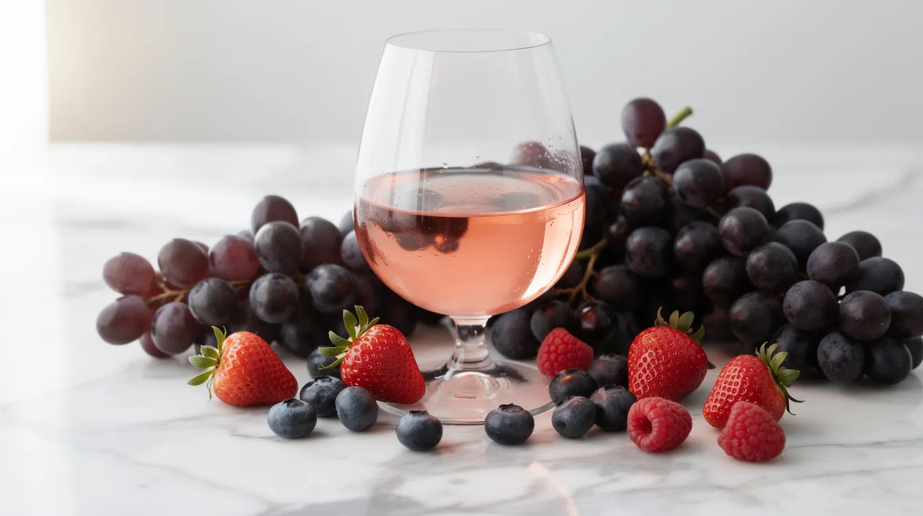 A glass of pale pink rosé wine sits elegantly on a marble surface, surrounded by clusters of dark grapes and fresh strawberries, creating a vibrant and inviting scene. The rich colors and textures evoke a sense of relaxation and indulgence, reminiscent of the soothing effects of the frozen rosé strain.