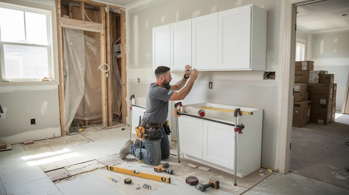 A contractor is seen installing new kitchen cabinets in a partially renovated house, showcasing the ongoing home renovations that are essential for successful flips in the real estate market. This step in the house flipping process highlights the importance of having the right team and valuable resources to increase property values and attract buyers.