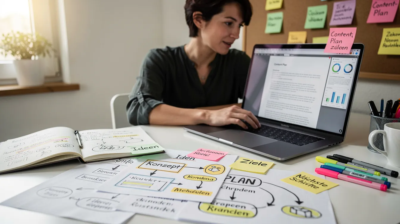 Eine Person sitzt an einem Schreibtisch und erstellt Content, um ihre Online-Sichtbarkeit zu erhöhen. Auf dem Tisch liegen Diagramme und Notizen, die Strategien zur Verbesserung der Domain-Autorität und zur effektiven Nutzung von Backlinks umfassen.