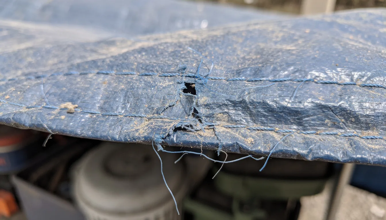 A close-up view of a weathered blue plastic tarp reveals frayed edges and signs of UV damage, indicating its prolonged exposure to the elements while covering outdoor equipment. This durable tarp, often used in the tarp industry, showcases the effects of weather resistance and the need for quality materials to combat microplastic pollution.