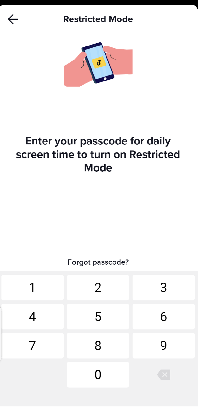 Closeup image illustrating how to set passcode to enable TikTok's restricted mode
