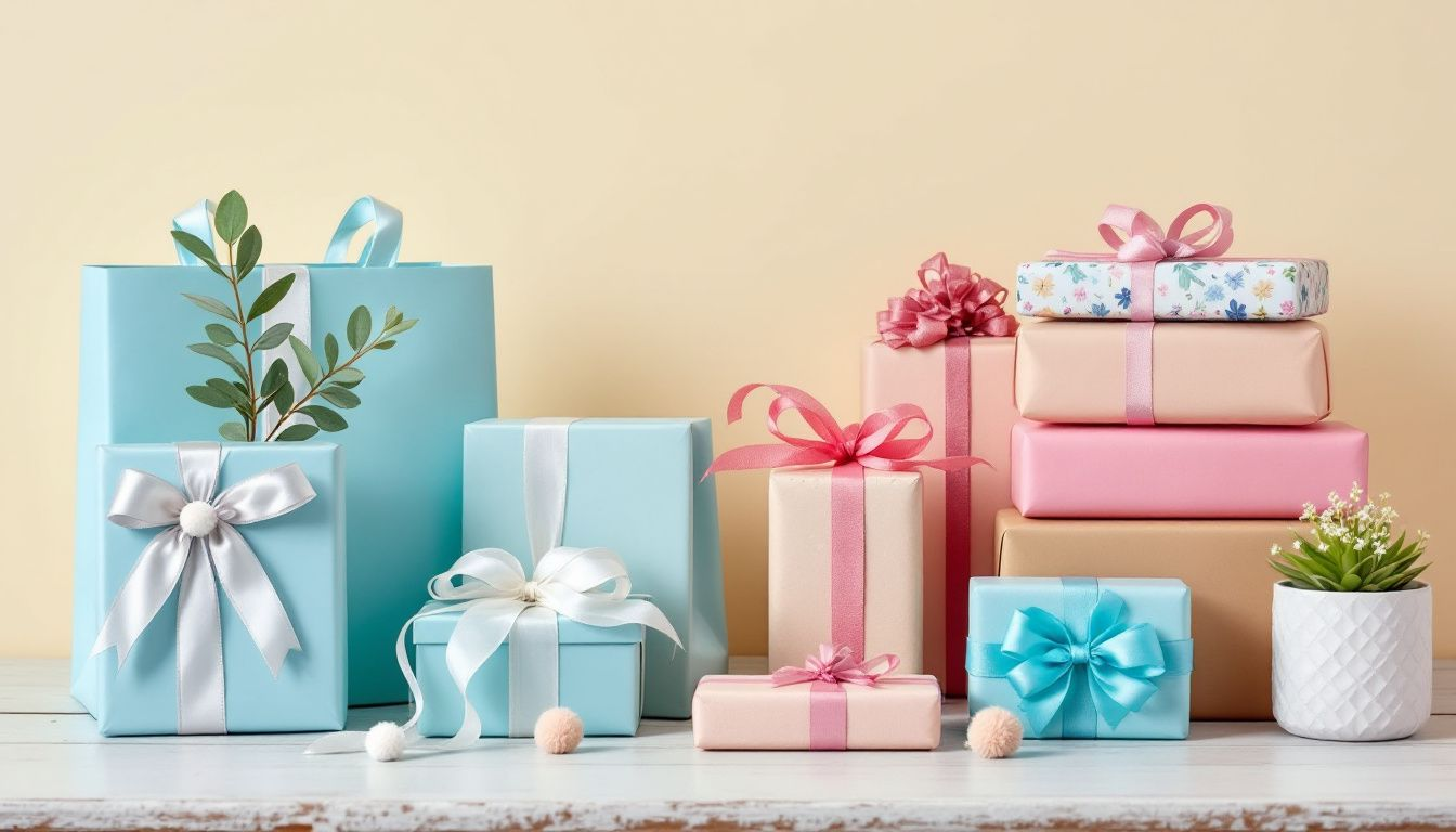 a347db61 9ce4 4684 bf61 2411c85c4077 A collection of personalized gifts beautifully wrapped and displayed.