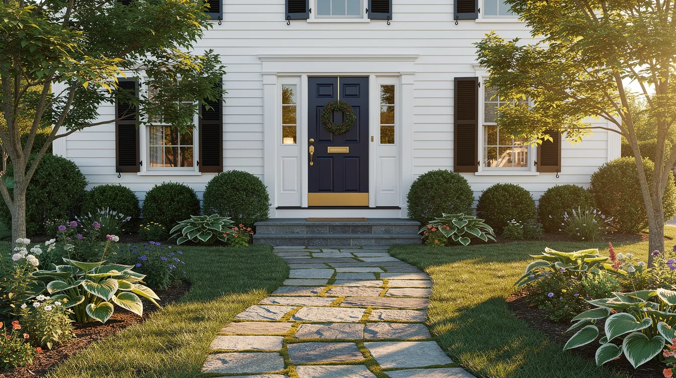 The image depicts a charming front door of a classic New England style home, framed by lush green landscaping and a stone pathway, all illuminated by warm afternoon light, inviting potential buyers to explore the property further in the competitive real estate market.