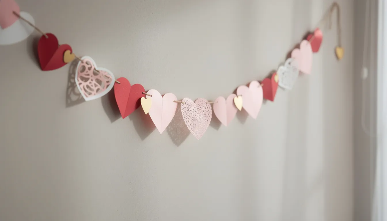 The image features a beautiful Valentine's Day garland adorned with pink and red hearts, red, white, hearts perfect price