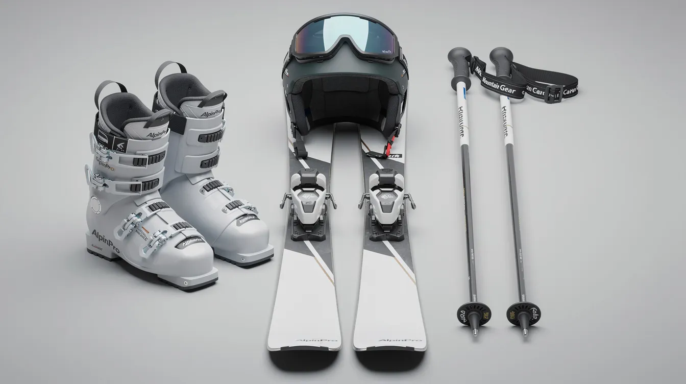 Die Skiausrüstung, bestehend aus einem Helm, Skischuhen und Skistöcken, ist ordentlich auf einem Tisch angeordnet. Diese Ausrüstung ist ideal für Erwachsene, die das Skifahren lernen und sich auf die Pisten vorbereiten möchten.