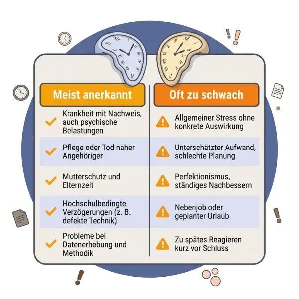 Gegenüberstellung der Gründe für Masterarbeit-Verlängerung: Meist anerkannt (Krankheit mit Nachweis, Pflege/Tod Angehöriger, Mutterschutz/Elternzeit, hochschulbedingte Verzögerungen, Probleme bei Datenerhebung) vs. Oft zu schwach (allgemeiner Stress, unterschätzter Aufwand, Perfektionismus, Nebenjob/Urlaub, zu spätes Reagieren)