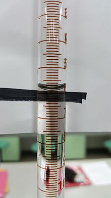 A glass tube with graduations inscribed, used for measuring precise volumes of liquids