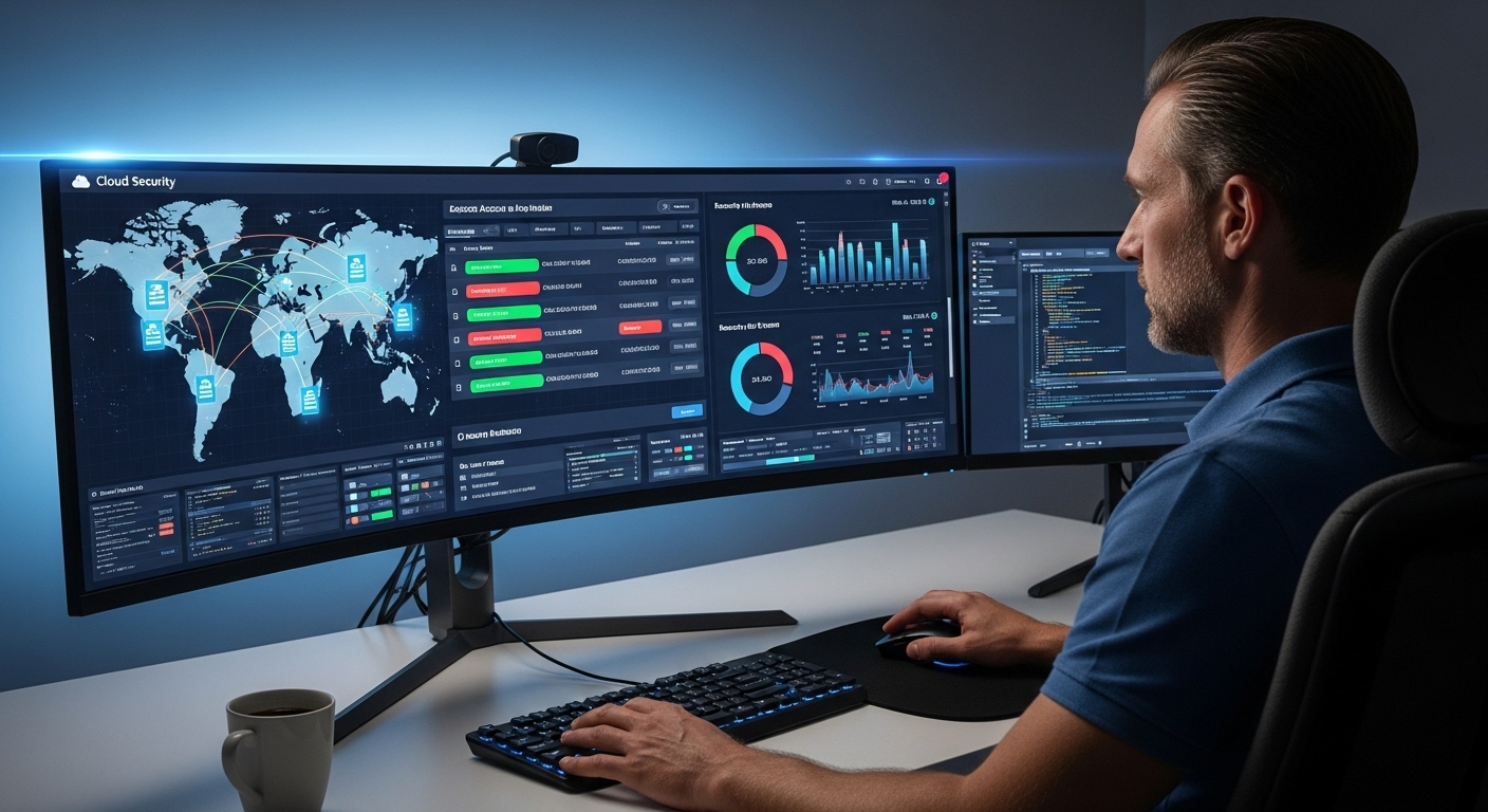 IT admin monitoring real-time activity and access controls from a centralized cloud security panel.