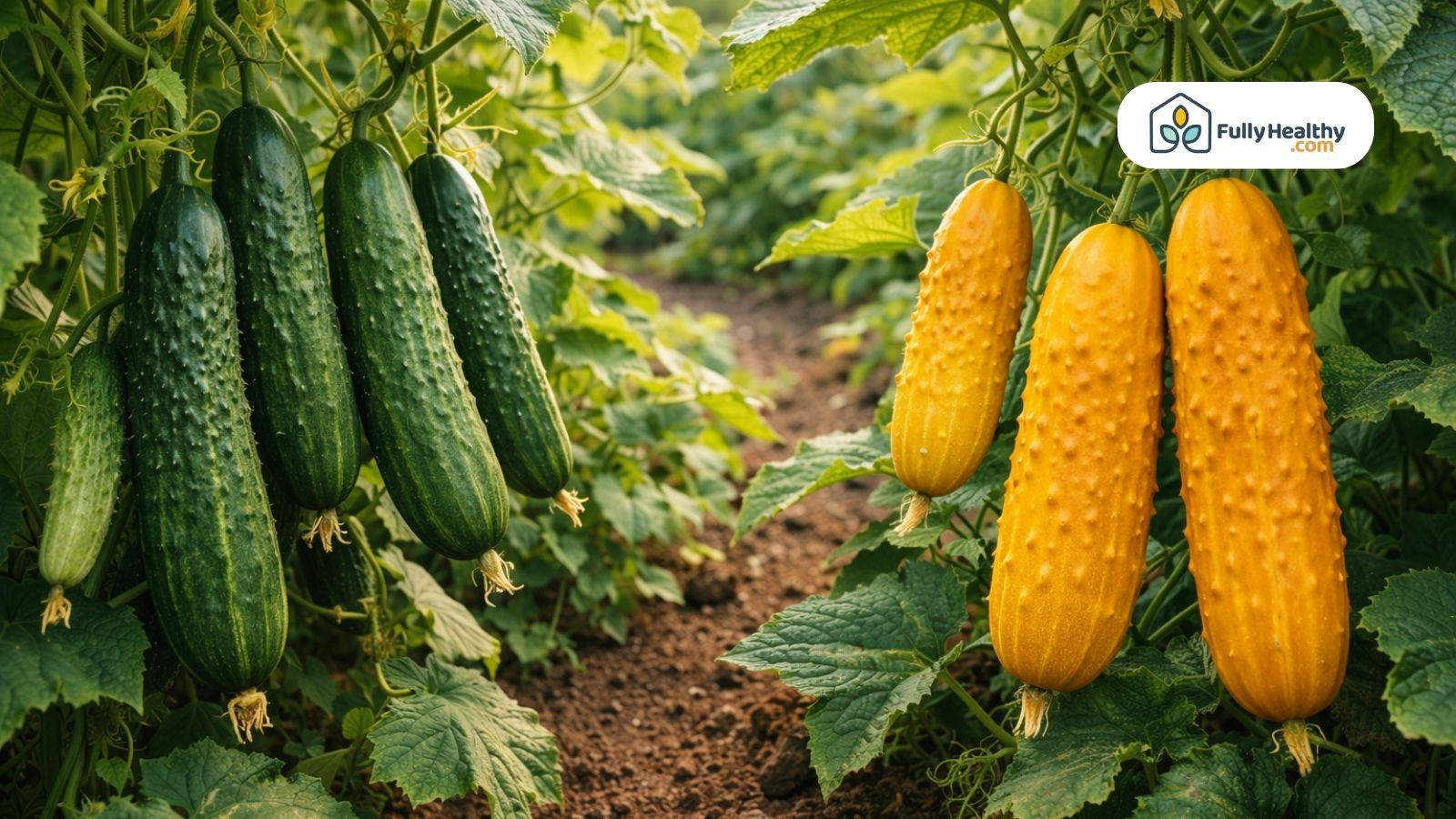 Cucumbers on vine showing ripe deep green and yellow overripe cucumbers comparison