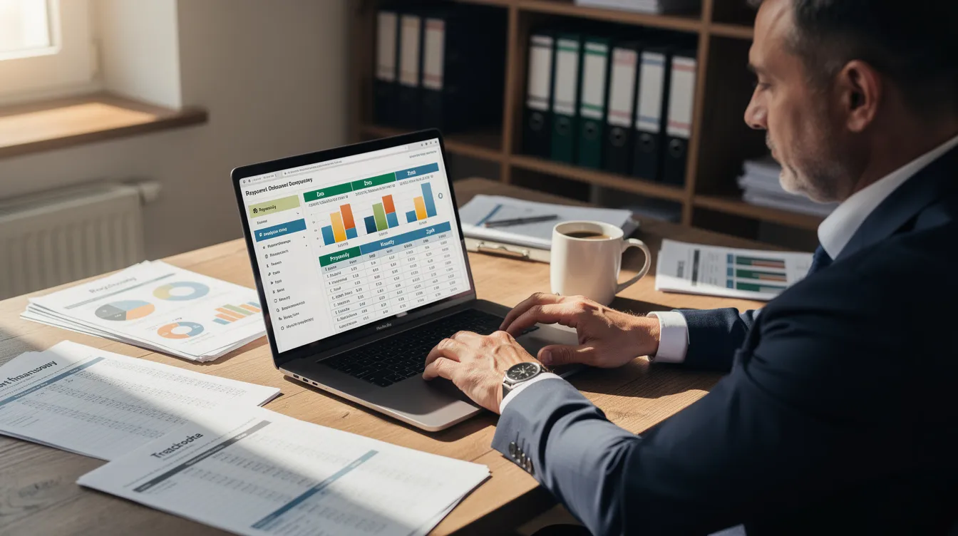 a34e6cba 53f6 44c0 914e f72957a84064 Właściciel firmy siedzi przy biurku, analizując dane finansowe na laptopie, otoczony dokumentami związanymi z płynnością finansową przedsiębiorstwa. W tle widać notatki dotyczące wskaźników płynności finansowej oraz strategii poprawy płynności finansowej firmy.
