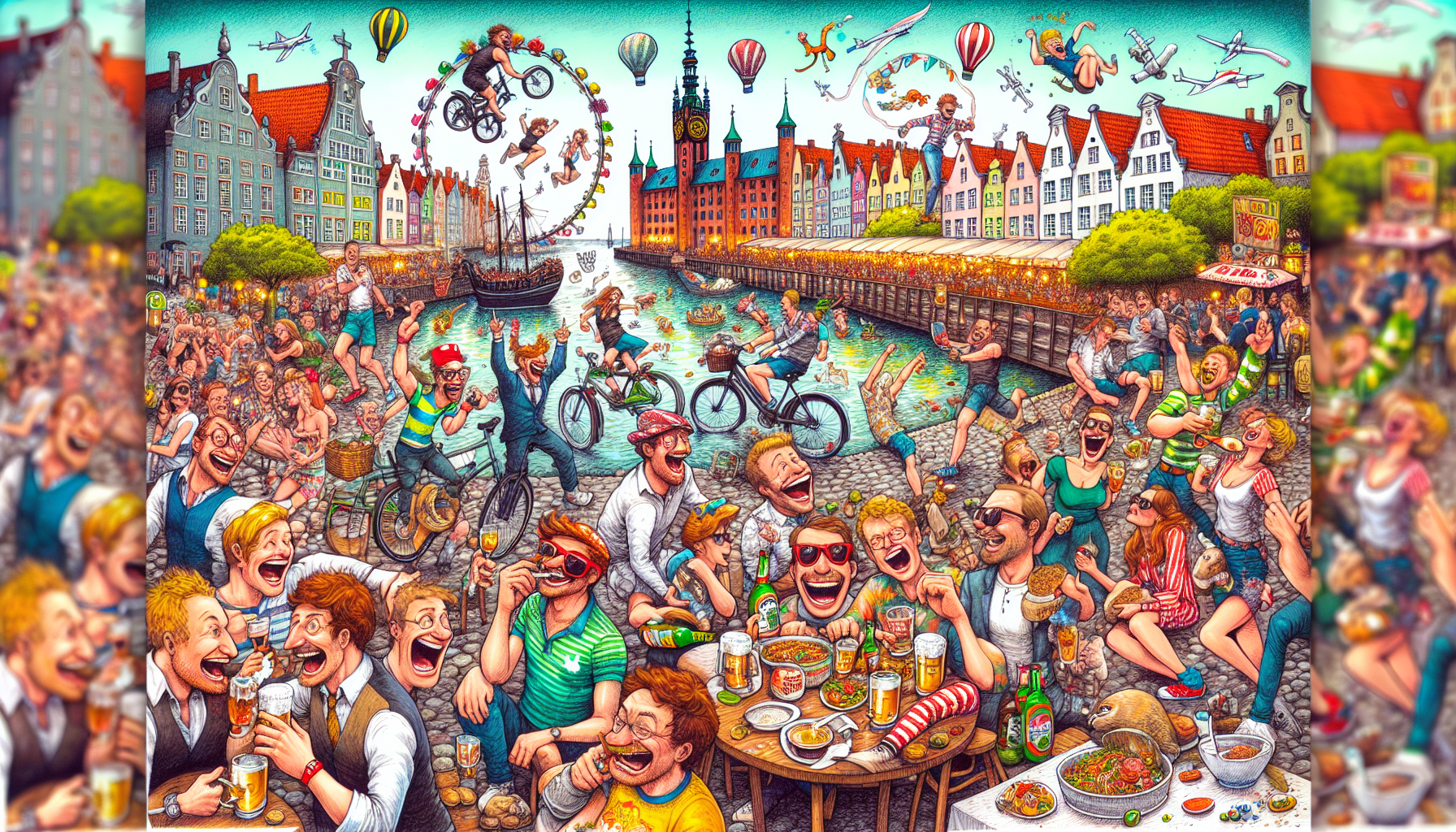 A fun and engaging illustration of tips for an unforgettable Gdansk stag weekend, featuring elements of adventure and camaraderie.