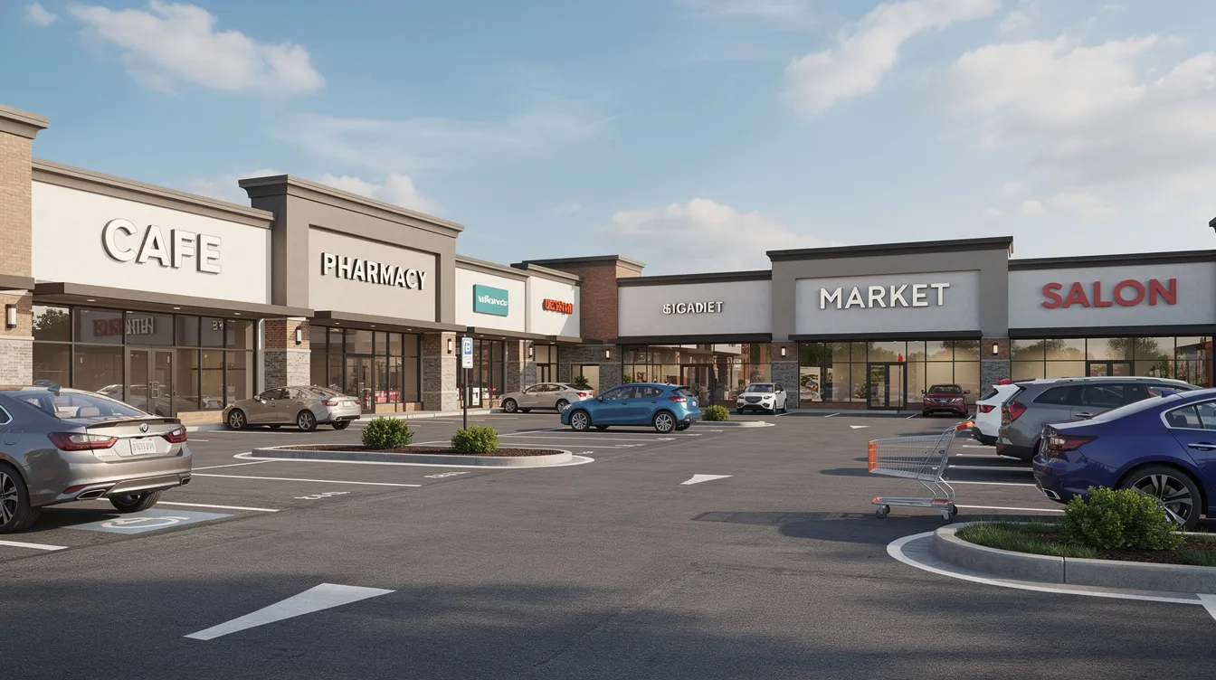 The image depicts a vibrant commercial storefront located in a shopping center plaza, showcasing multiple business signs and a spacious parking area. This setting is essential for commercial tenants and landlords, highlighting the importance of clear lease agreements and understanding the complexities of commercial lease disputes.