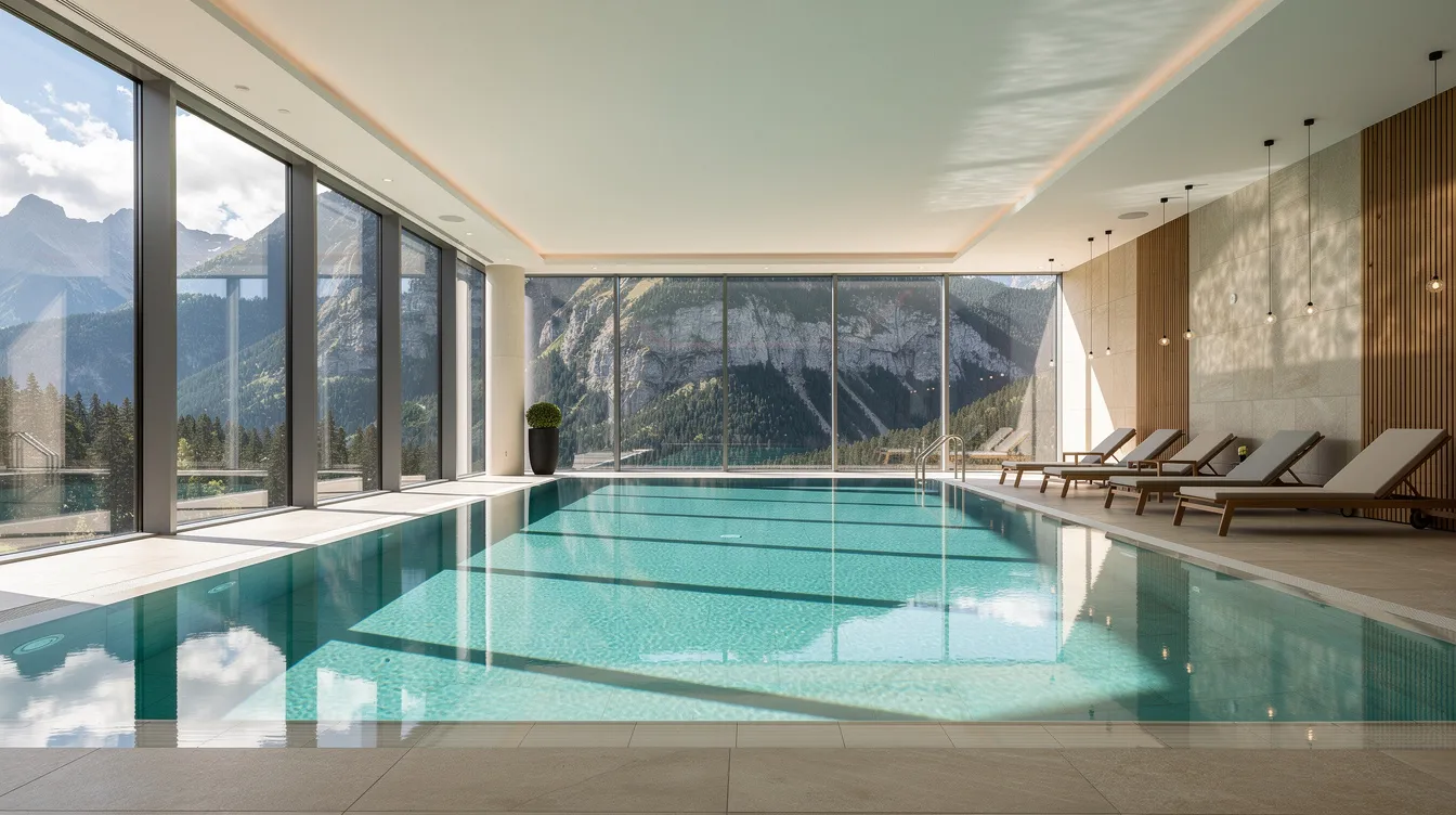 Kryty basen hotelowy z przeszklonymi ścianami oferuje panoramiczny widok na góry, tworząc idealne miejsce do relaksu i wypoczynku. Luksusowy hotel w górskiej scenerii zapewnia komfortowe wnętrza, idealne zarówno dla klientów biznesowych, jak i na rodzinne wyjazdy.
