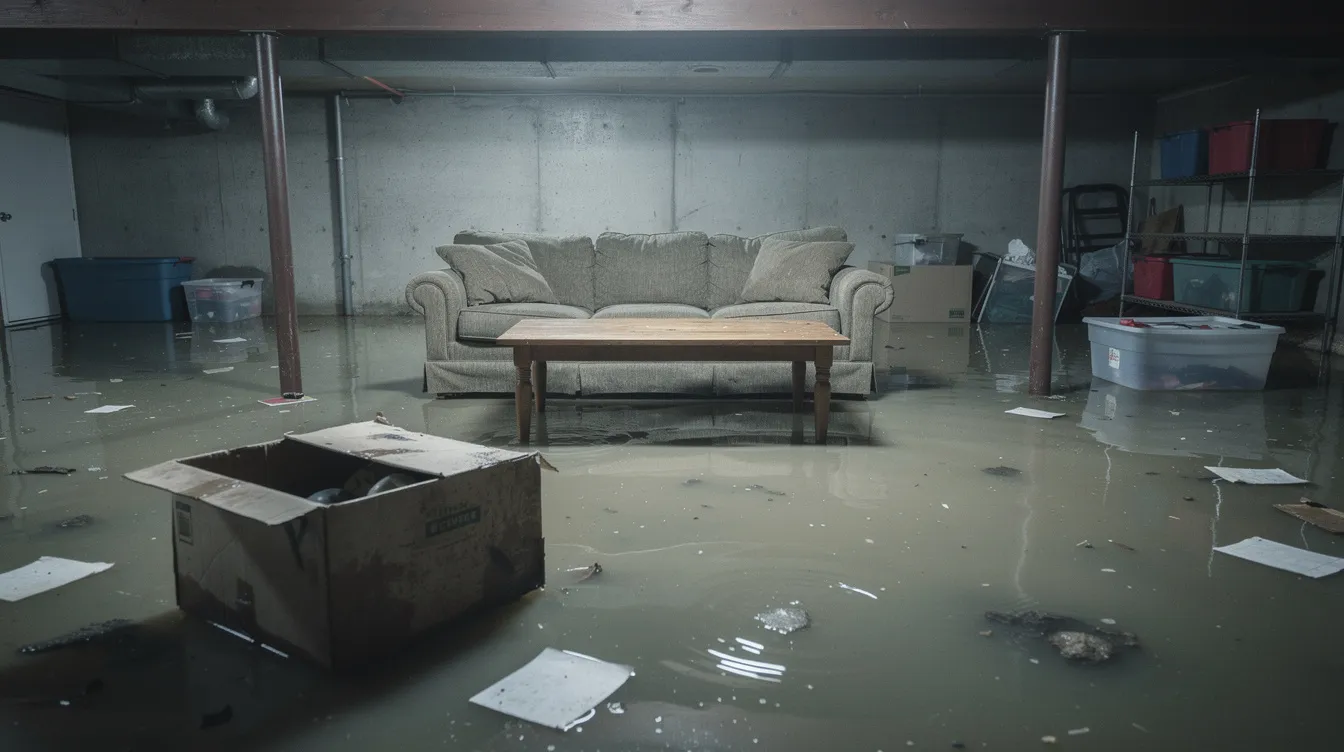 The image depicts a flooded basement filled with standing water, where cardboard boxes and damaged furniture are scattered throughout, highlighting the aftermath of severe storms and property damage. Cleanup efforts are necessary to remove debris and restore safety in the affected area.