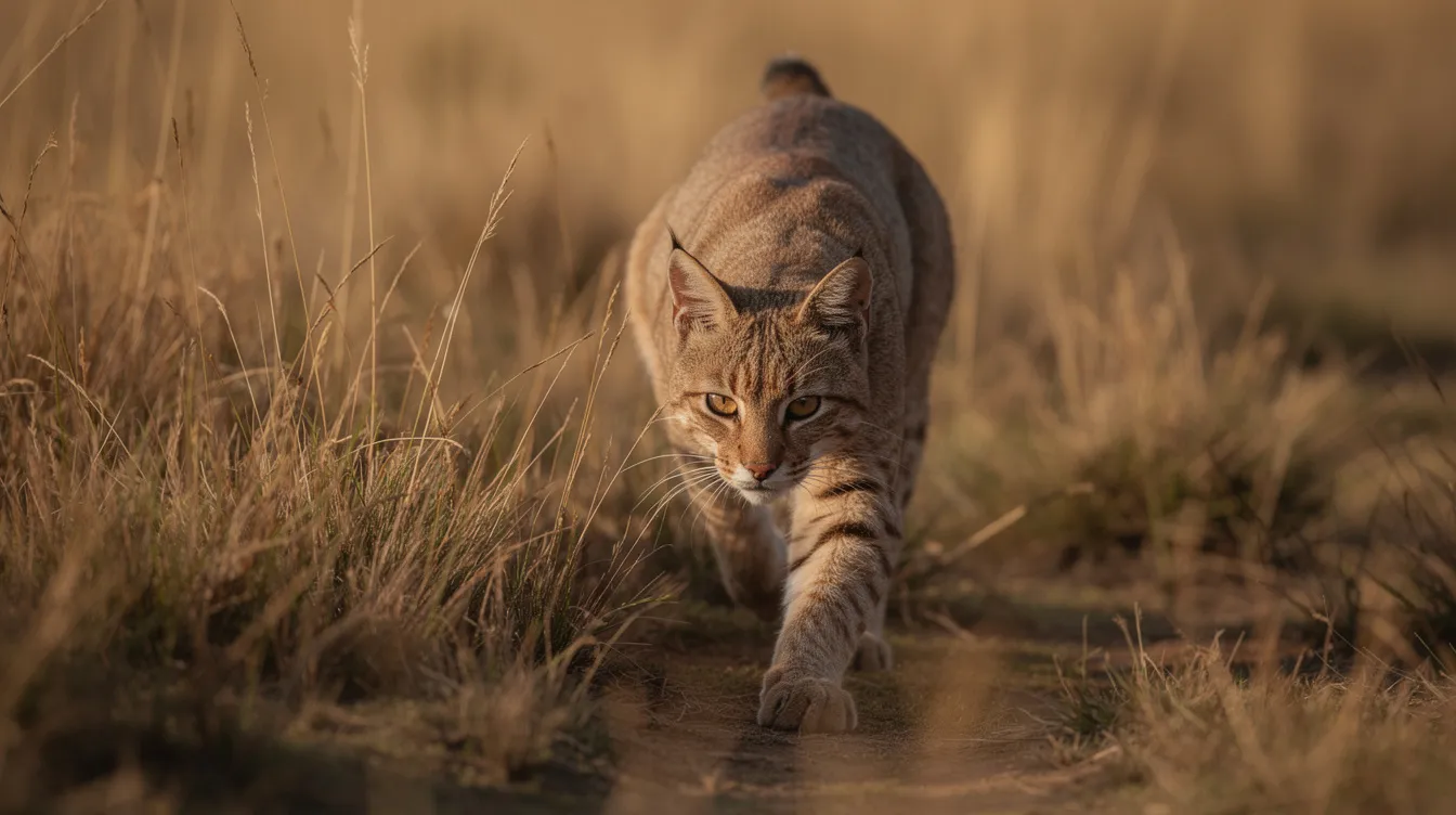 A wildcat is depicted in a crouched hunting posture, stealthily moving through tall grass as it stalks its prey. The image captures the essence of a cat's natural instincts, showcasing its agile body and keen focus.