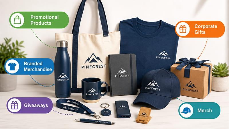 Different terms for swag including promotional products, branded merchandise, giveaways, corporate gifts, and merch