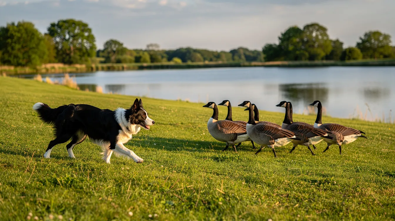 A trained border collie is herding a small flock of Canada geese across an open green field, guiding them toward a nearby pond. The scene captures the interaction between the dog and the adult geese, illustrating a common method of managing Canada geese populations in urban and suburban areas.