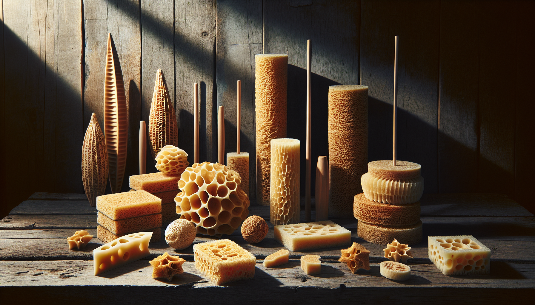 Sea Sponge Wholesale | Various wholesale sea sponges displayed on a rustic wooden surface