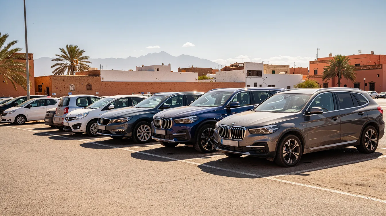 Dans un parking ensoleillé au Maroc, plusieurs voitures de location, dont des modèles comme la Dacia Sandero et la Renault Clio, sont garées côte à côte, offrant une variété de choix pour les clients souhaitant louer une voiture à Casablanca. L'environnement dégage une atmosphère accueillante, idéale pour ceux qui prévoient un séjour dans le centre-ville.