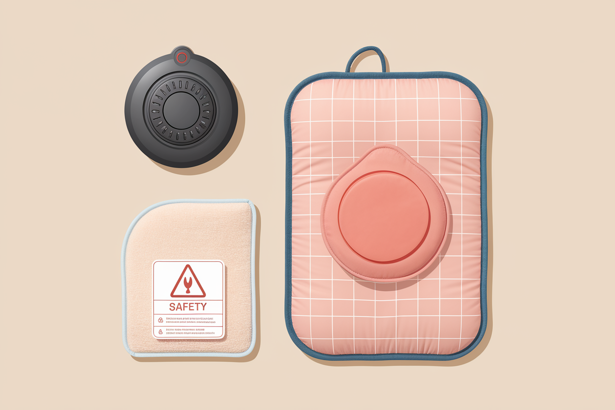 Safety tips for using heat therapy products illustrated with various items.