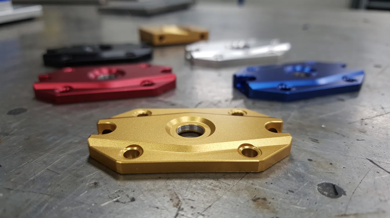 A close-up view of various aluminum CNC machined parts, showcasing a range of anodized color finishes, is displayed on a workbench. These precision components highlight the durability and corrosion resistance achieved through different anodizing processes, making them suitable for demanding applications in industries such as automotive and aerospace.