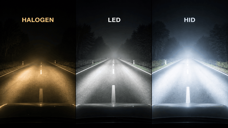Comparison of halogen, LED, and HID headlights showing different brightness and beam strength on a dark road at night.