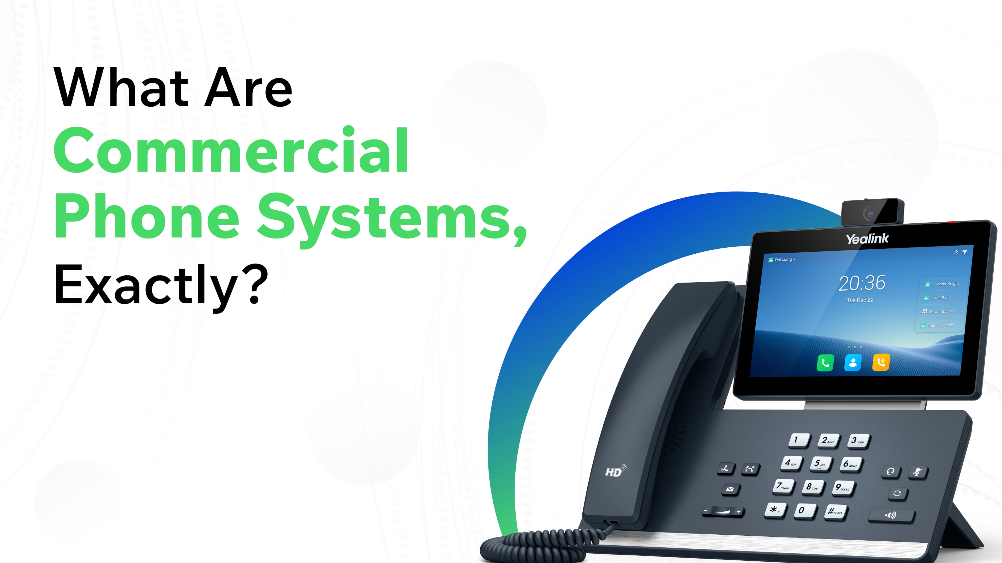 Text reading “What Are Commercial Phone Systems, Exactly?” next to a touchscreen desk phone with a handset and camera.