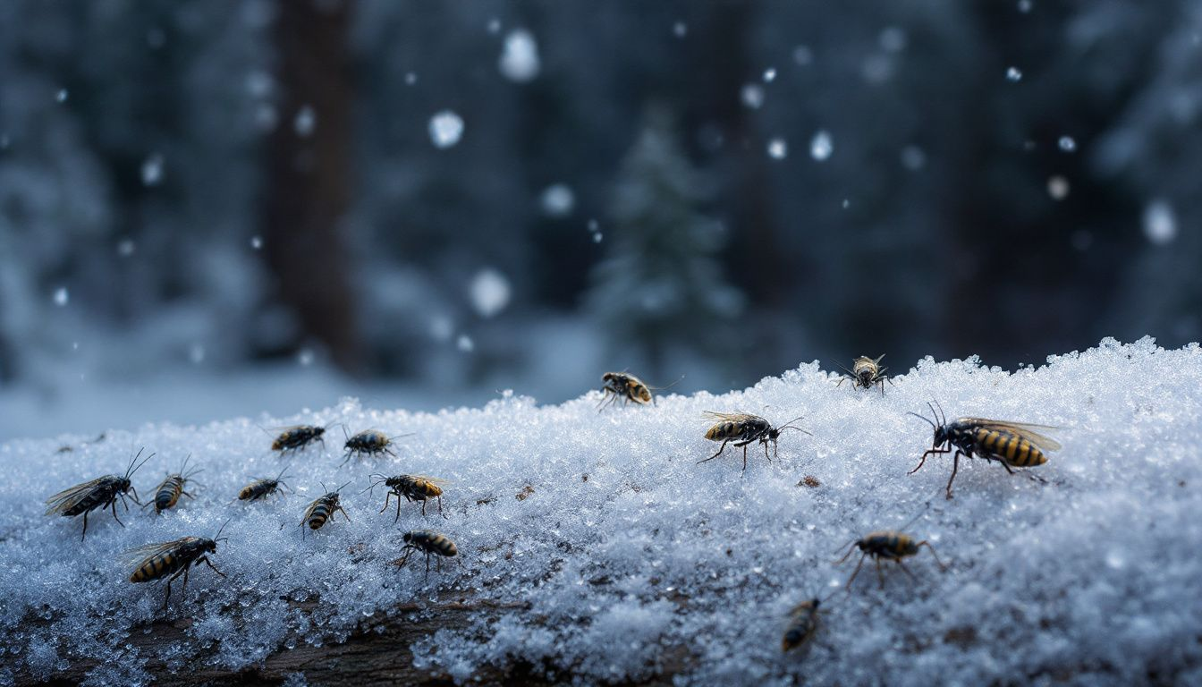 Zijn er muggen in de winter? Een afbeelding van een koud landschap met een stilstaand water waar muggen zich kunnen verstoppen.