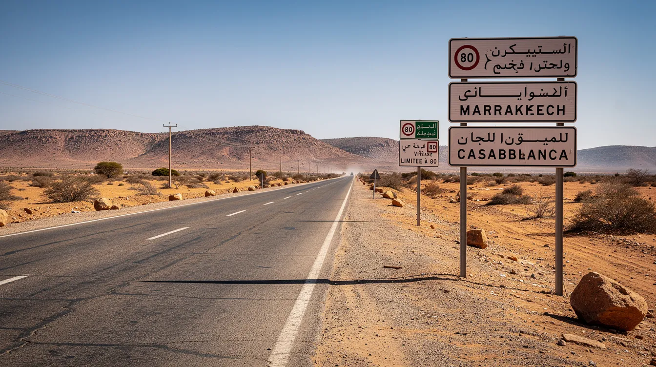 La imagen muestra una carretera marroquí rodeada de un paisaje semiárido, con señales de tráfico en árabe y francés que indican direcciones. Este entorno es ideal para quienes buscan alquilar un coche en Fez, permitiendo explorar las ciudades y el patrimonio de la humanidad de Marruecos.