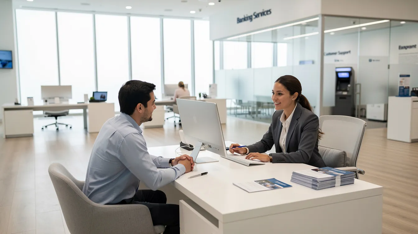 a35e6613 4002 43f3 91b2 2e93138a553e The image depicts a person seated at a desk in a modern bank branch, engaged in a conversation with a bank officer about financial assistance options, including mudra loans for micro enterprises. The setting reflects a professional atmosphere conducive to discussing business plans and eligibility criteria for loans.