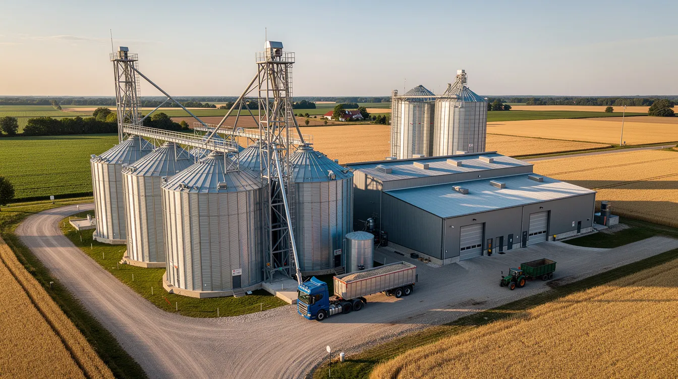 a35ee76f 2ced 473f b1e5 07cf701f31f2 The image depicts a large industrial grain storage facility with multiple silos set against a backdrop of a rural agricultural landscape. This ethanol plant is designed for grain-based ethanol production, showcasing the infrastructure essential for processing food crops like maize and wheat into renewable biofuels.