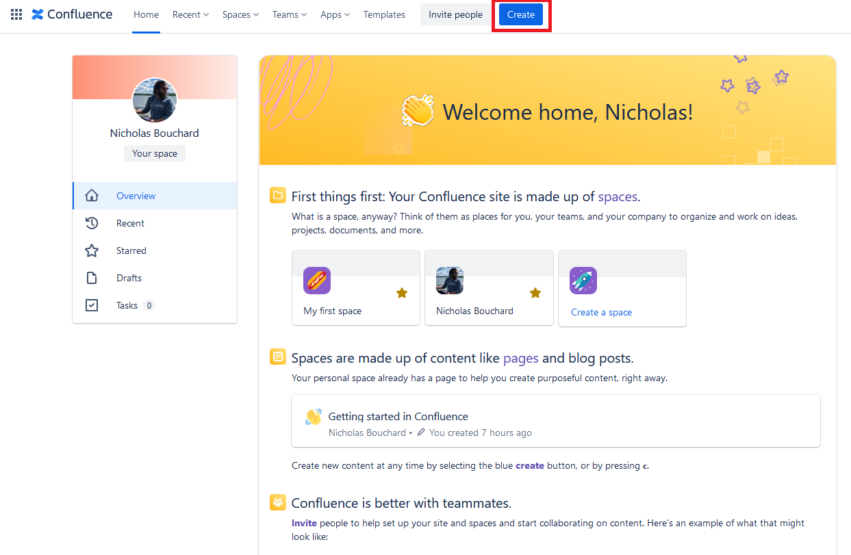 A screenshot of the home page in the Confluence tool.