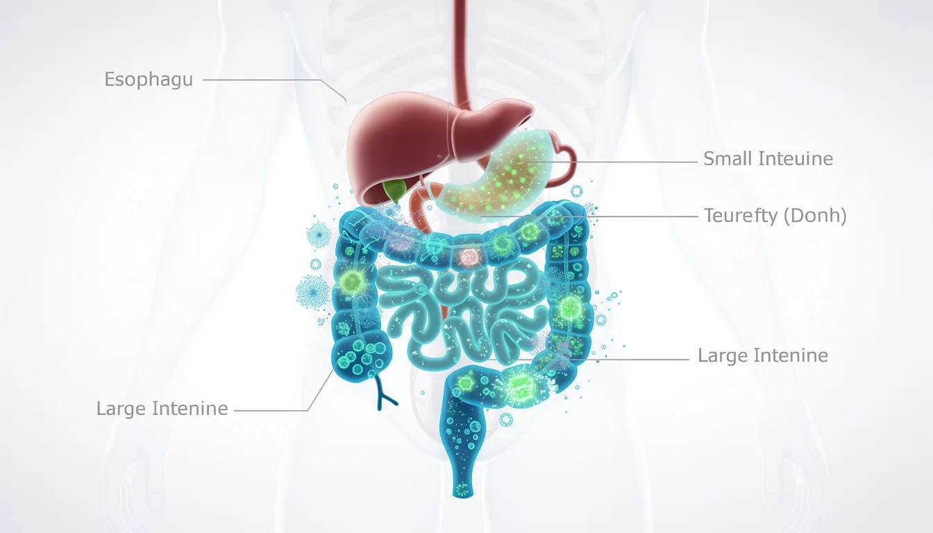 An illustration of the human digestive system highlights the intestinal area, emphasizing gut microbiome activity, which plays a crucial role in metabolic health and can influence blood sugar levels. This visual representation connects to the benefits of berberine supplements in managing blood sugar and promoting gut health.