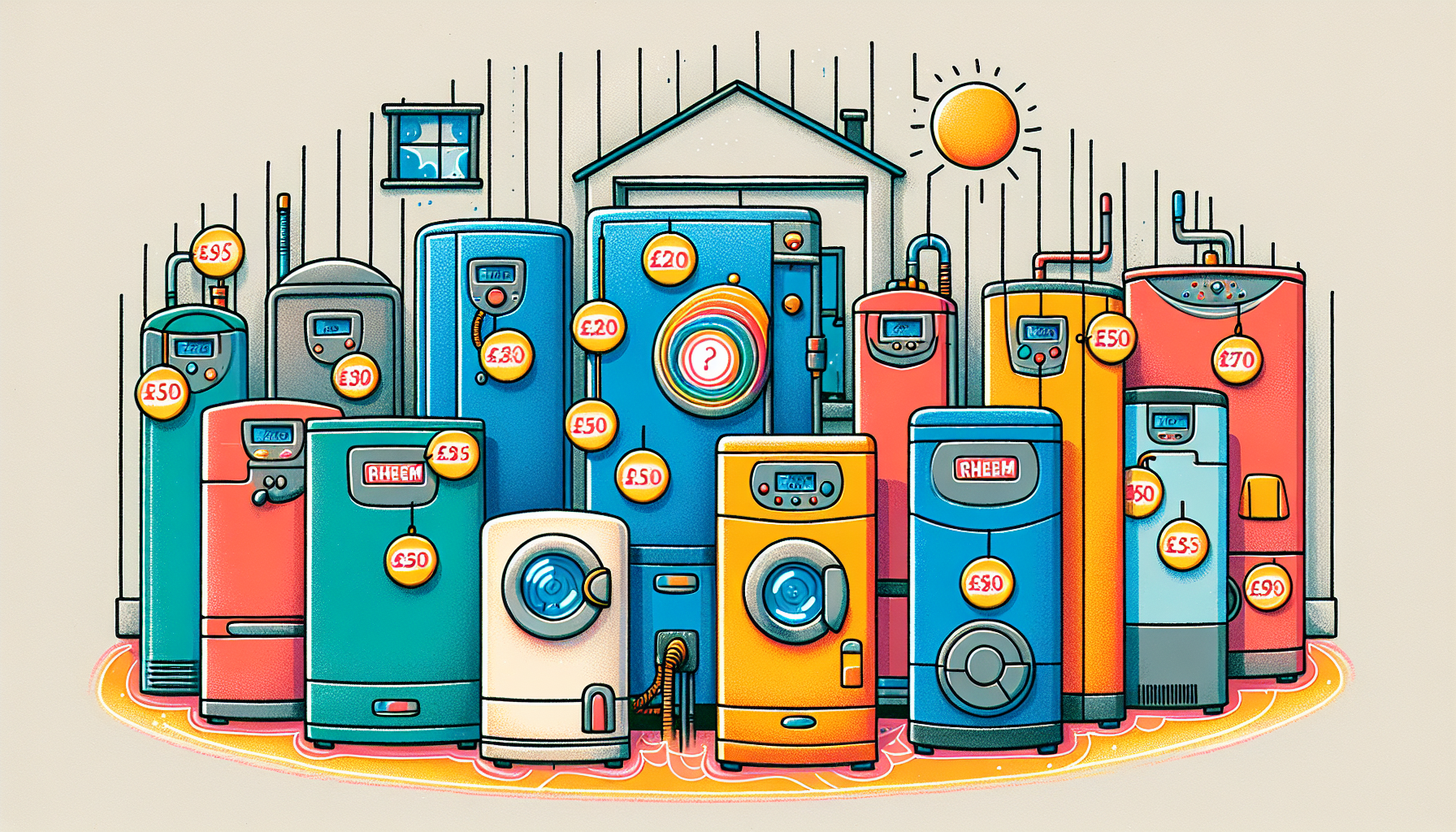 An illustration depicting various Rheem hot water systems and their pricing options.