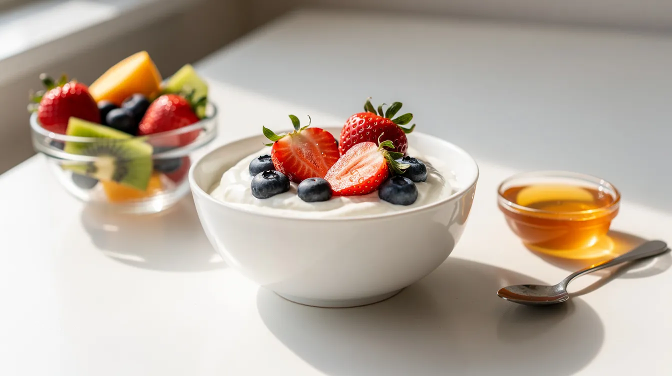 The image features a bright table adorned with an assortment of fresh fruit, a bowl of creamy yogurt, and a small bowl of stevia sweeteners, highlighting a healthy breakfast option that offers a low-calorie sugar substitute. This colorful arrangement showcases the benefits of using stevia, a natural sweetener derived from the stevia plant, as a good alternative to table sugar.