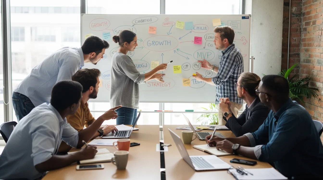 A group of young entrepreneurs is gathered around a whiteboard in a bright startup office, actively brainstorming ideas and strategies for their early stage businesses. The collaborative atmosphere reflects the dynamic nature of venture capital and private equity, as they explore innovative investment strategies to drive growth in their ventures.