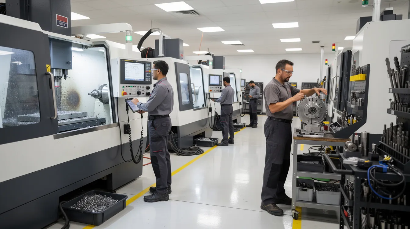 a366f652 c683 46a7 b98c d57792d66d42 The image depicts a modern CNC machine shop floor bustling with mechanical engineers operating precision equipment, showcasing advanced CNC machines and tools. This environment reflects the manufacturing industry's commitment to quality control and innovative solutions, making it an ideal setting for mechanical engineering consultancy firms and startups to thrive.