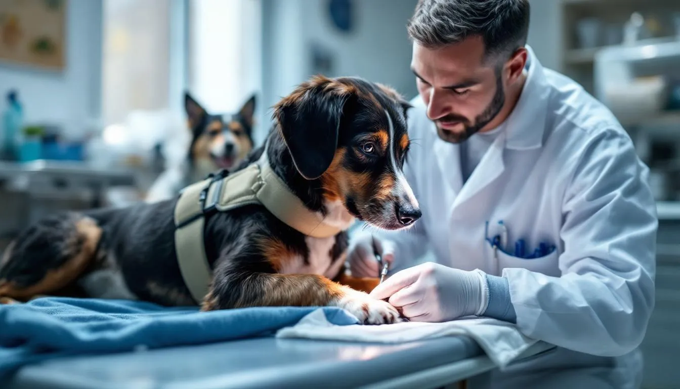A veterinary surgeon is performing a minor procedure on a dog, focusing on the surgical removal of visible warts caused by the canine papillomavirus. The veterinarian is carefully examining the dog