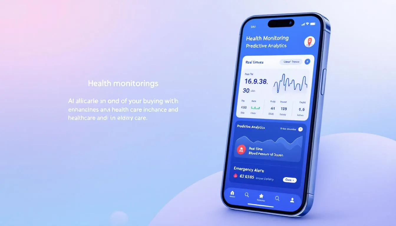 The image illustrates a variety of AI-powered health monitoring apps designed for elderly care, showcasing features like tracking vital signs and alerting caregivers in emergencies. These innovative solutions empower seniors to manage their personal health data, promoting independence and enhancing overall health outcomes.